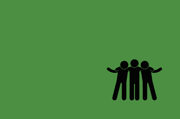 green icon with black image of three people with arms outstretched around shoulders