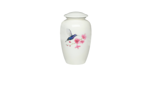 ADDvantage Casket White urn with hummingbird and pink flowers
