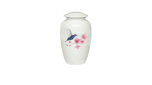 ADDvantage Casket White urn with hummingbird and pink flowers