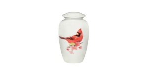 ADDvantage Casket White urn with red cardinal on pink flowers