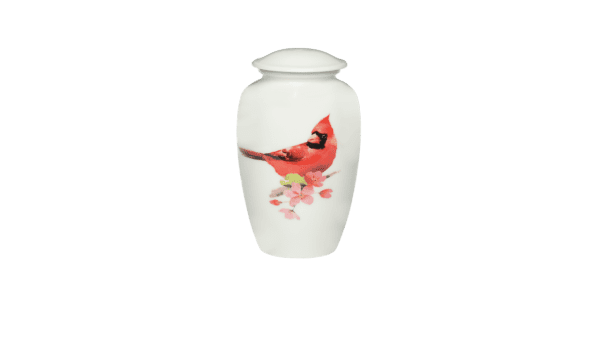 ADDvantage Casket White urn with red cardinal on pink flowers